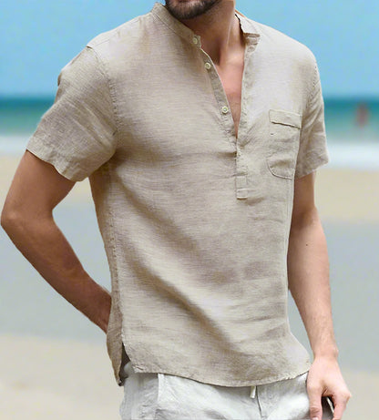 Cotton-linen short-sleeve shirt available in white, black, light blue, grey, beige, dark green, and dark blue—featuring a mandarin collar, half placket, and breathable fabric for stylish everyday wear.