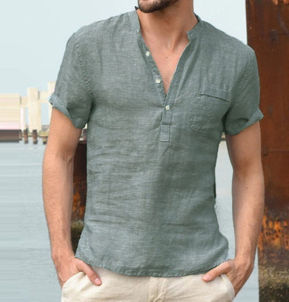 Cotton-linen short-sleeve shirt available in white, black, light blue, grey, beige, dark green, and dark blue—featuring a mandarin collar, half placket, and breathable fabric for stylish everyday wear.