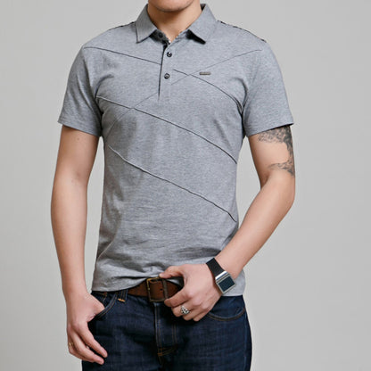 Cross-border Fertilizer Increase Fashion Casual Men&#039;s Casual T-shirt Plaid Stitching Lapel Short-sleeved T-shirt Men&#039;s Summer Thin