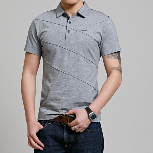 Cross-border Fertilizer Increase Fashion Casual Men&#039;s Casual T-shirt Plaid Stitching Lapel Short-sleeved T-shirt Men&#039;s Summer Thin