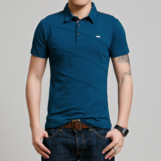 Cross-border Fertilizer Increase Fashion Casual Men&#039;s Casual T-shirt Plaid Stitching Lapel Short-sleeved T-shirt Men&#039;s Summer Thin