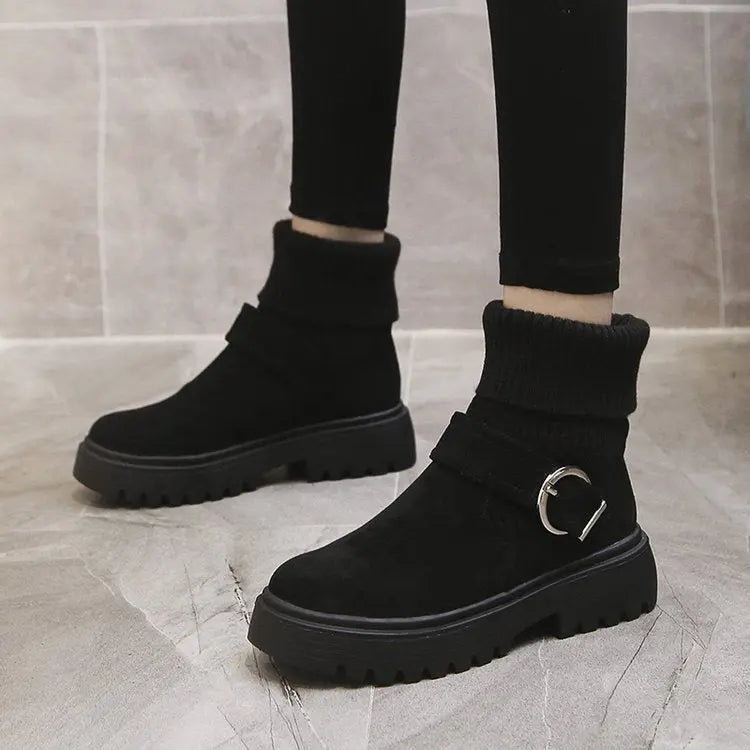 Women's Ribbed Sock Chunky Buckle Ankle Boots