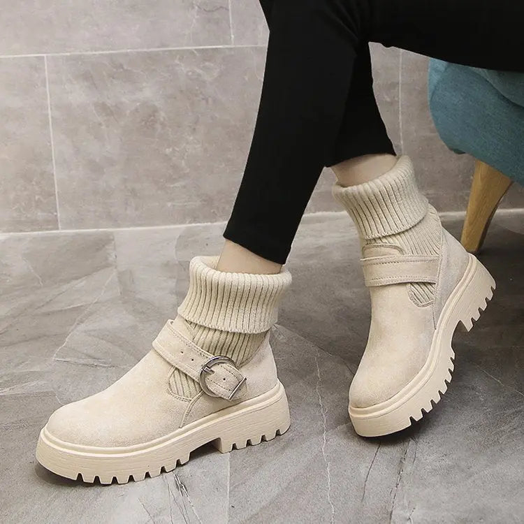 Women's Ribbed Sock Chunky Buckle Ankle Boots
