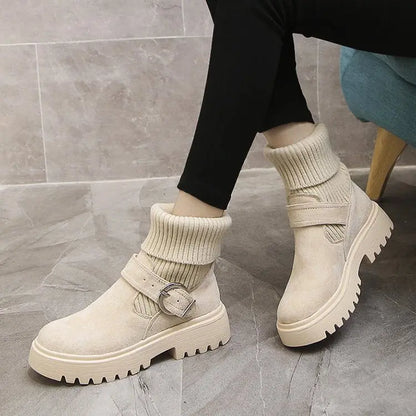 Women's Ribbed Sock Chunky Buckle Ankle Boots