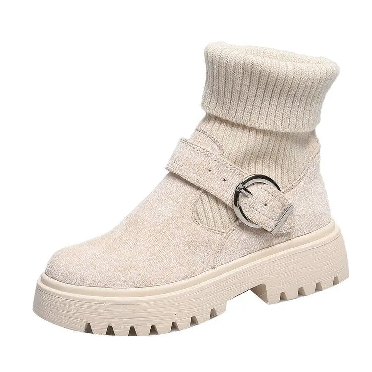 Women's Ribbed Sock Chunky Buckle Ankle Boots