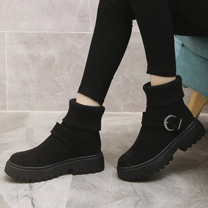 Women's Ribbed Sock Chunky Buckle Ankle Boots
