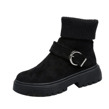 Women's Ribbed Sock Chunky Buckle Ankle Boots