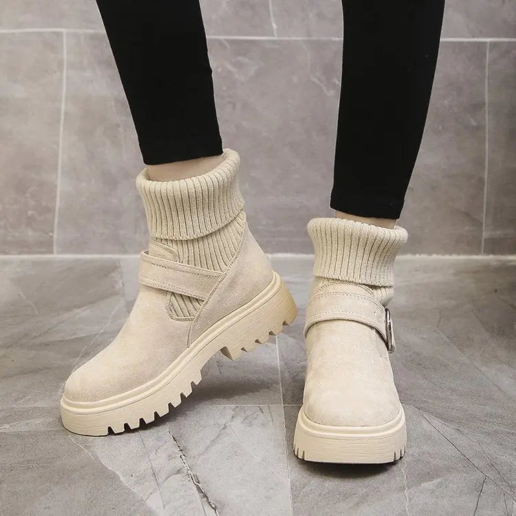 Women's Ribbed Sock Chunky Buckle Ankle Boots