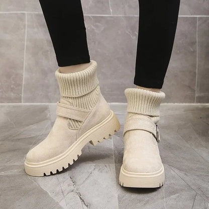 Women's Ribbed Sock Chunky Buckle Ankle Boots