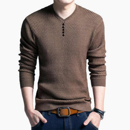 Casual Youth Velvet Thickeneded Pure Color Knitwear V Neck Knitwear T-Shirt Pullover Bottoming Shirt Export Large Size Men's Clothing