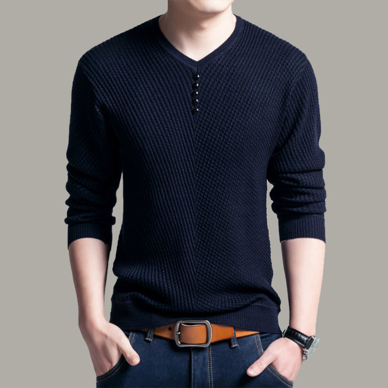 Casual Youth Velvet Thickeneded Pure Color Knitwear V Neck Knitwear T-Shirt Pullover Bottoming Shirt Export Large Size Men's Clothing