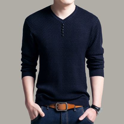 Casual Youth Velvet Thickeneded Pure Color Knitwear V Neck Knitwear T-Shirt Pullover Bottoming Shirt Export Large Size Men's Clothing