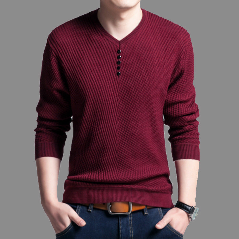 Casual Youth Velvet Thickeneded Pure Color Knitwear V Neck Knitwear T-Shirt Pullover Bottoming Shirt Export Large Size Men's Clothing