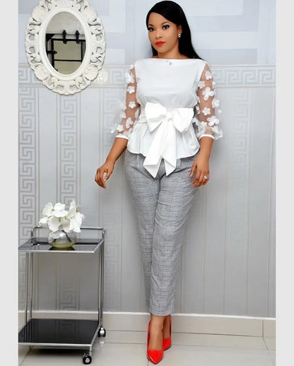 Nine-point Sleeve Mesh Stitching Fashion Women's Bow Strap Top European And American Shirts Africa