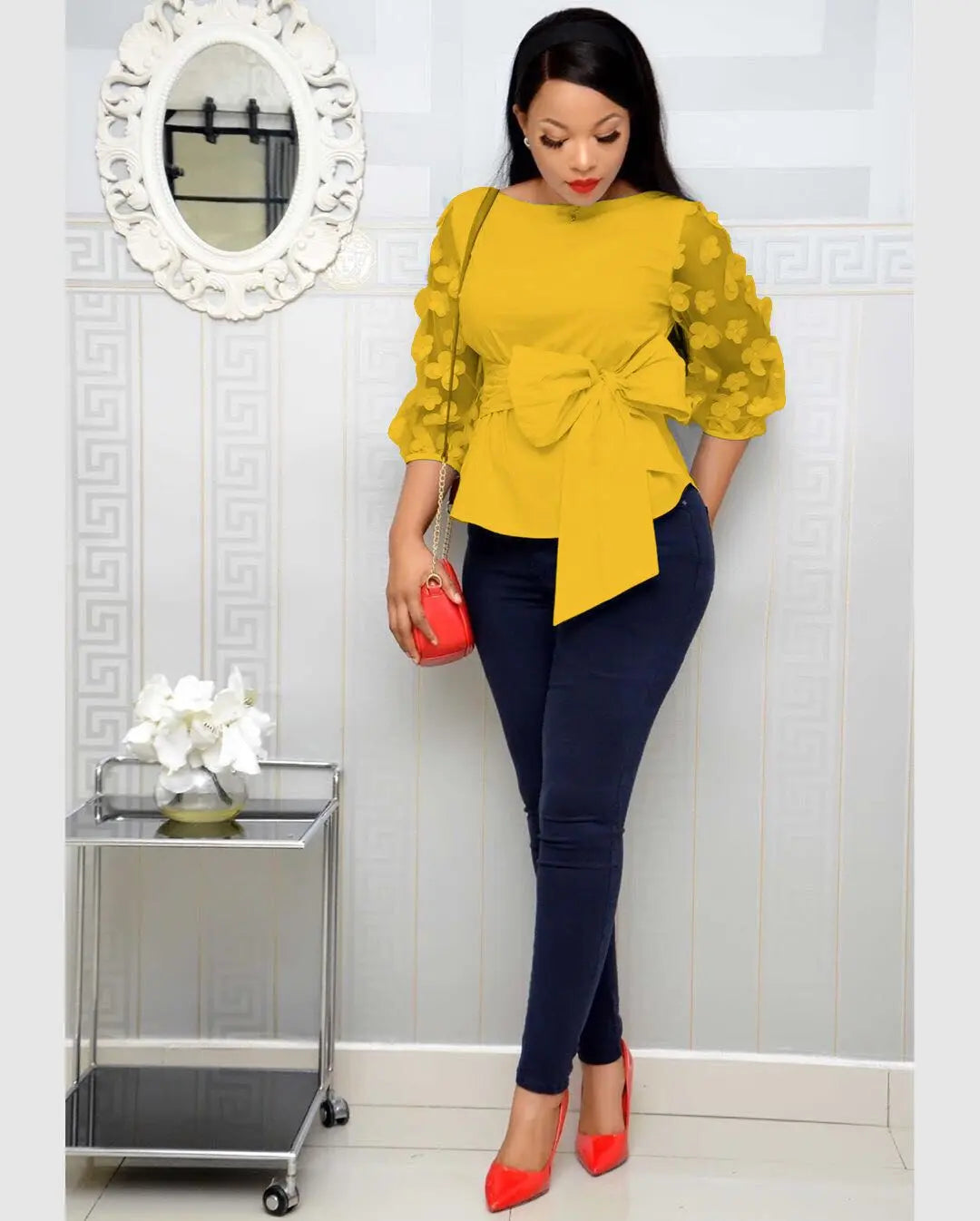 Nine-point Sleeve Mesh Stitching Fashion Women's Bow Strap Top European And American Shirts Africa