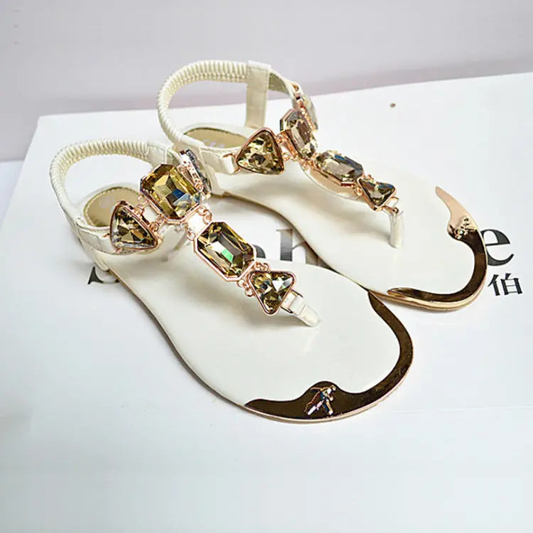 New Sandals Rhinestone Back Wrist Strap Thong Herringbone Low-cut Flat Shoes Metal Toe Beach Shoes For Women