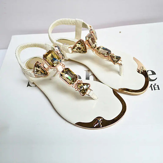 New Sandals Rhinestone Back Wrist Strap Thong Herringbone Low-cut Flat Shoes Metal Toe Beach Shoes For Women