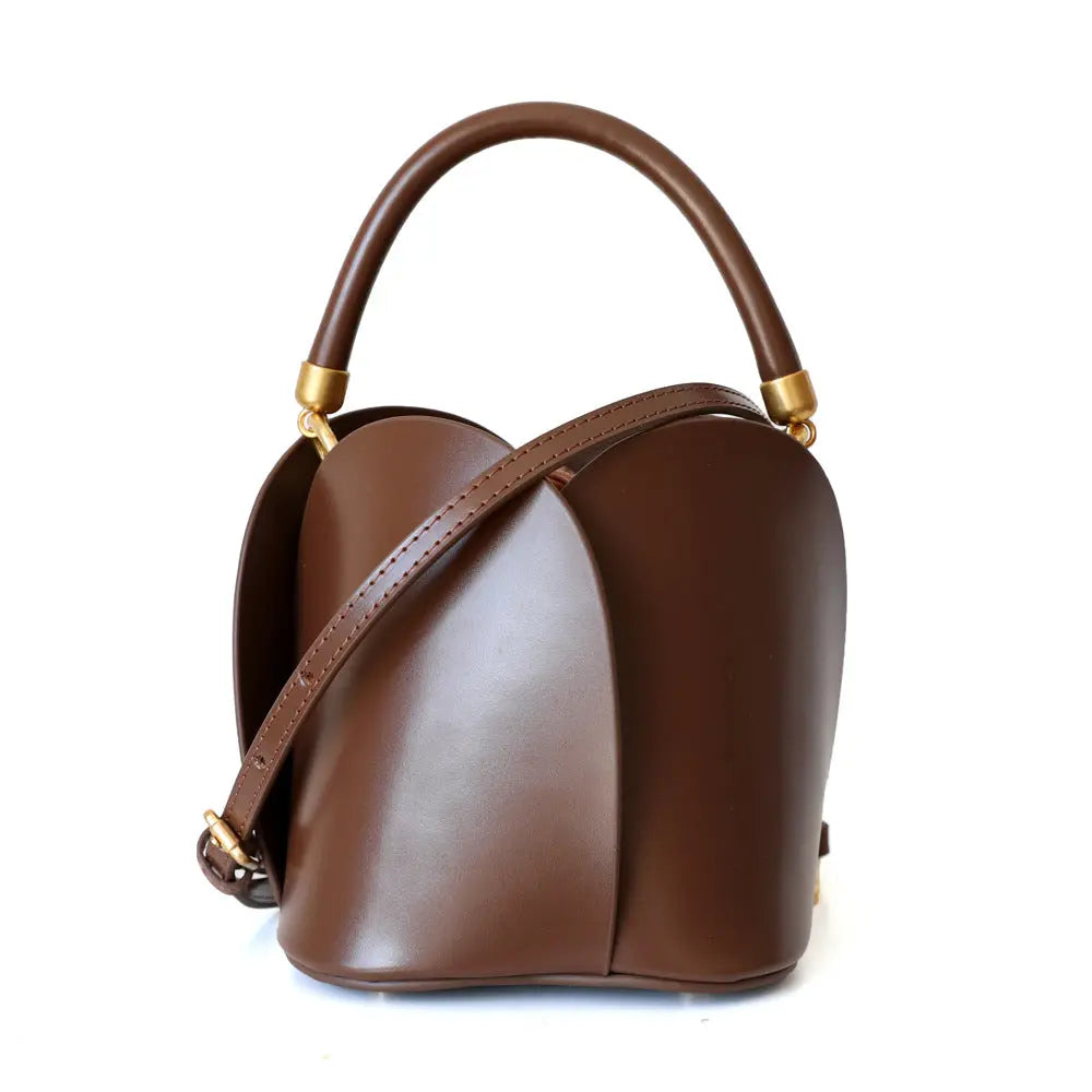 Women's Cow Leather Mini Bucket Bag with Ruched Handle