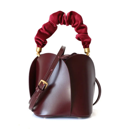 Women's Cow Leather Mini Bucket Bag with Ruched Handle