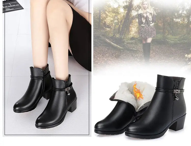 A promotional collage for women's ankle boots showing multiple color options, worn on feet, with product measurements, color charts, and text in Chinese. The boots are shown in black, brown, and other dark tones, with a heel height of 2cm.
