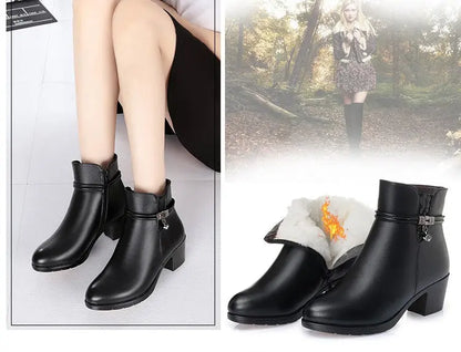 A promotional collage for women's ankle boots showing multiple color options, worn on feet, with product measurements, color charts, and text in Chinese. The boots are shown in black, brown, and other dark tones, with a heel height of 2cm.