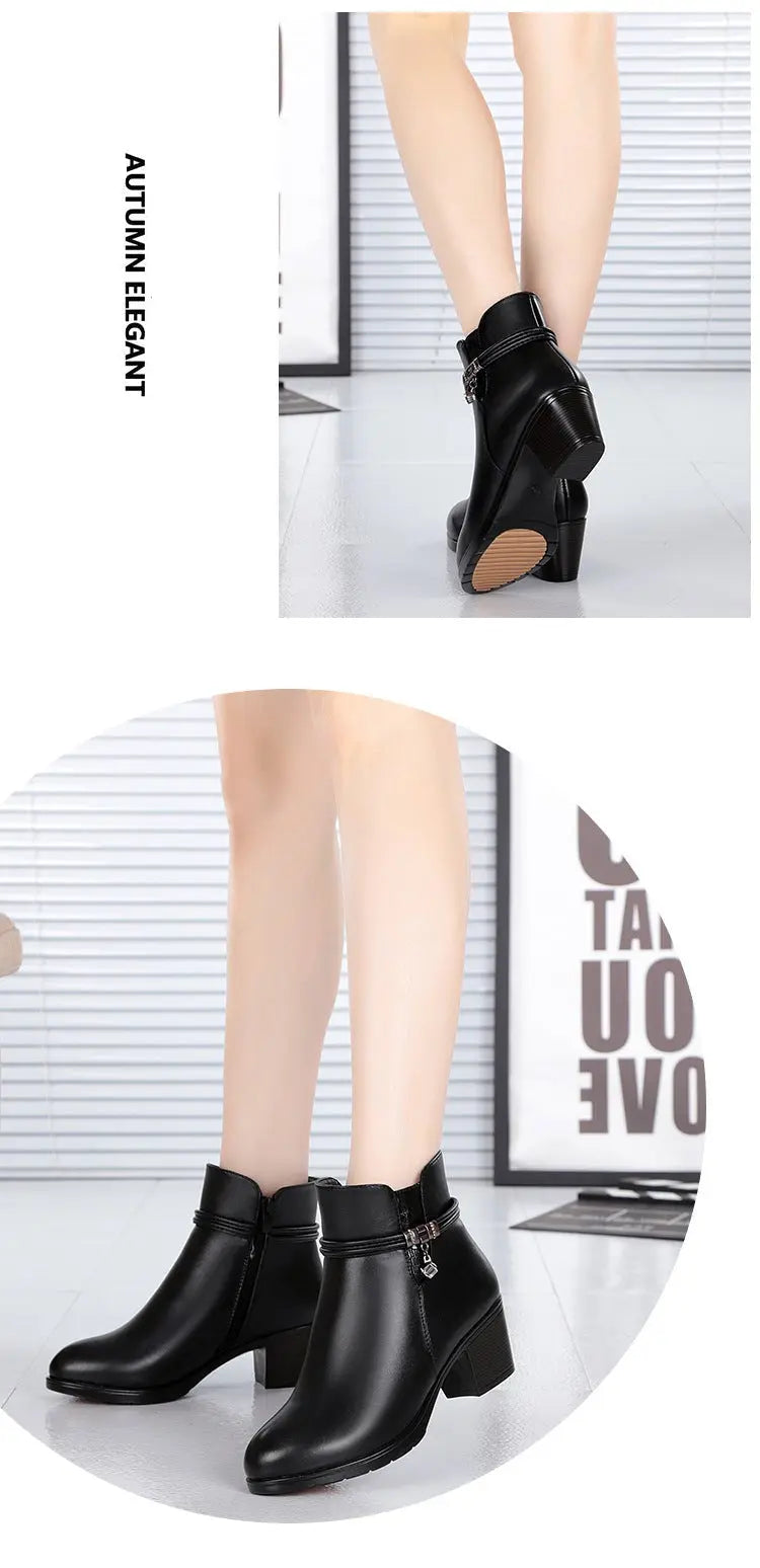 A three-panel collage showing women's ankle boots worn on a model's feet. The top panel shows black ankle boots with a pointed toe and block heel.