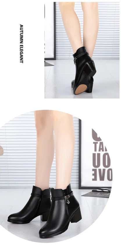A three-panel collage showing women's ankle boots worn on a model's feet. The top panel shows black ankle boots with a pointed toe and block heel.