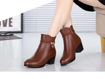 A three-panel collage showing women's ankle boots worn on a model's feet. The top panel shows black ankle boots with a pointed toe and block heel.