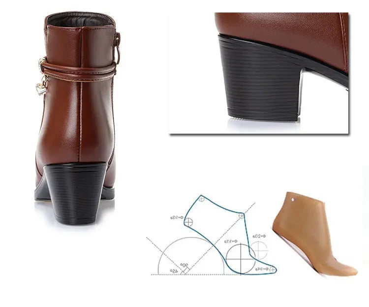 Brown ankle boots with a block heel, shown in a collage with close-up detail shots, a material swatch, and Chinese text overlays explaining features.