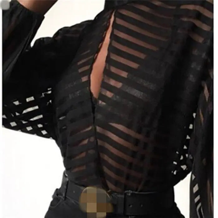 Autumn New Women's Striped Stand-up Collar Hollow Top Sexy Long-sleeved See-through Blouse