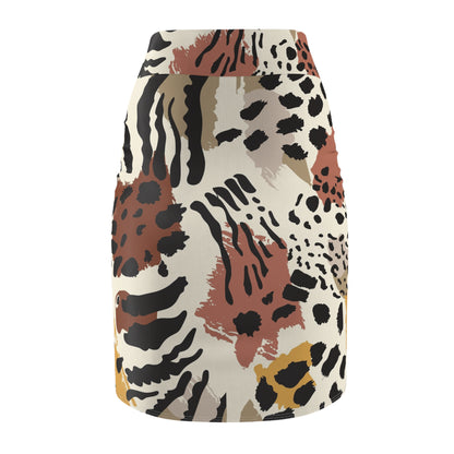 Animal-print pencil skirt with a mix of black, white, brown, beige, and mustard yellow brush stroke designs—form-fitting, stylish, and perfect for casual or elegant looks.