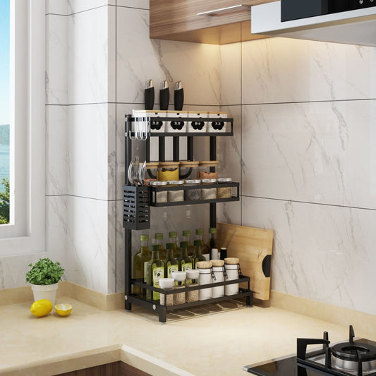 2-Tier & 3-Tier Kitchen Spice Rack Organizer – Black Metal Countertop Storage Shelf