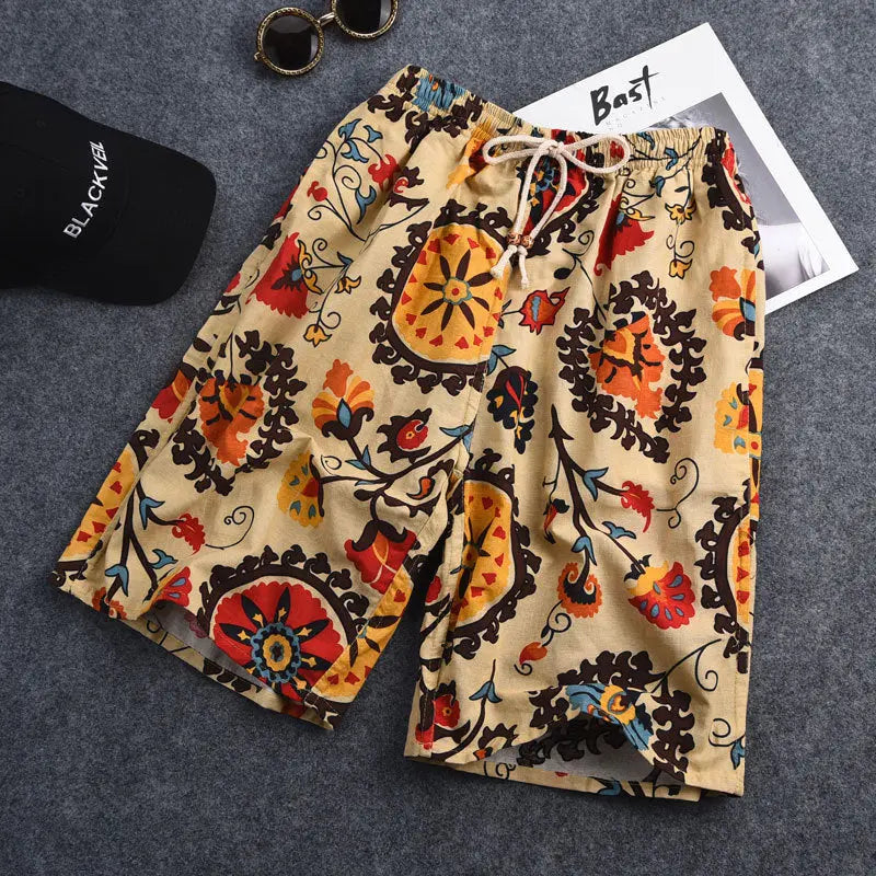 Summer New Cotton And Linen Printing Five-point Men's Beach Pants Casual Sports Loose Large Size Shorts Men's Thin Trend