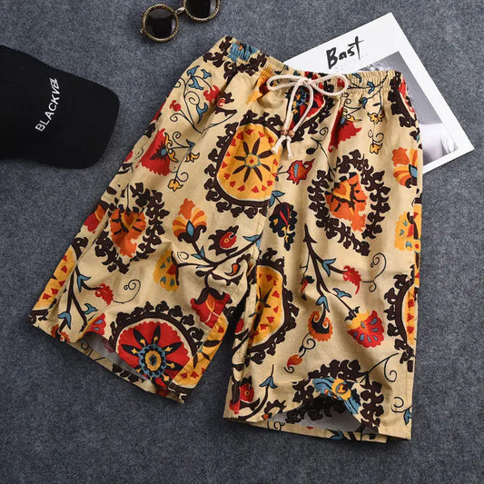 Summer New Cotton And Linen Printing Five-point Men's Beach Pants Casual Sports Loose Large Size Shorts Men's Thin Trend