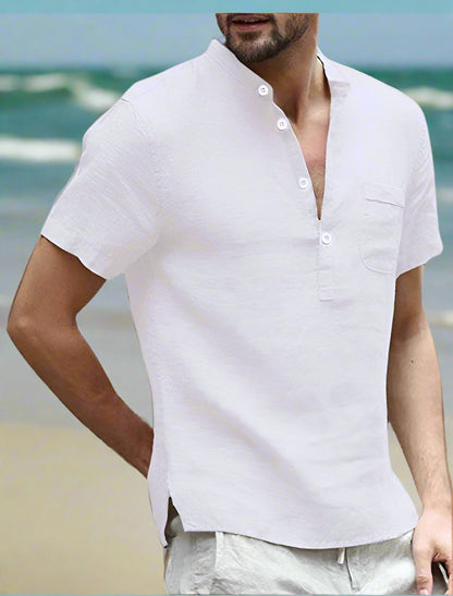 Cotton-linen short-sleeve shirt available in white, black, light blue, grey, beige, dark green, and dark blue—featuring a mandarin collar, half placket, and breathable fabric for stylish everyday wear.