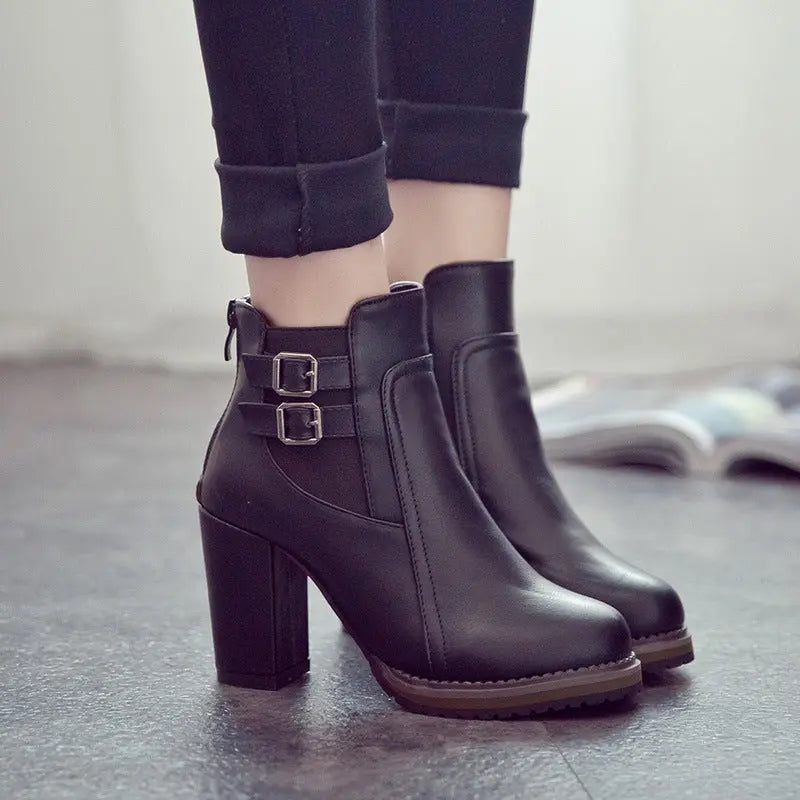 Women's Double-Buckle High Block Heel Ankle Boots