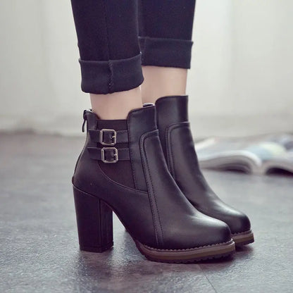 Women's Double-Buckle High Block Heel Ankle Boots