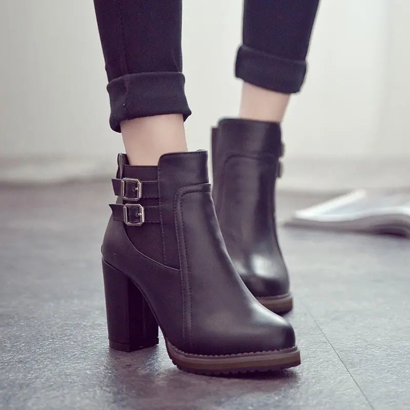 Women's Double-Buckle High Block Heel Ankle Boots