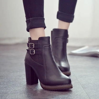 Women's Double-Buckle High Block Heel Ankle Boots