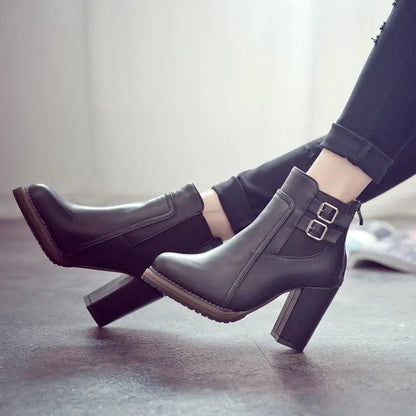 Women's Double-Buckle High Block Heel Ankle Boots