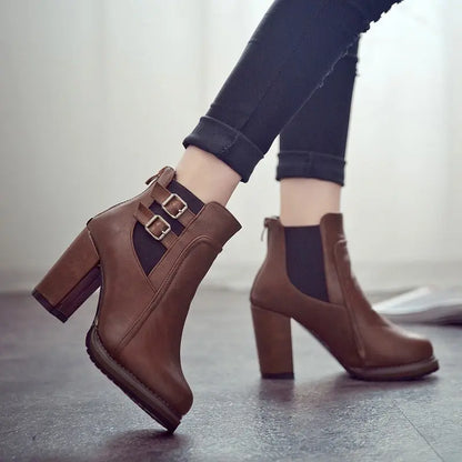 Women's Double-Buckle High Block Heel Ankle Boots