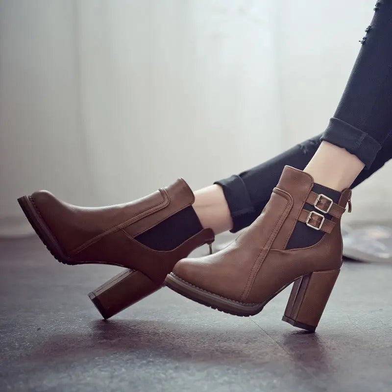 Women's Double-Buckle High Block Heel Ankle Boots