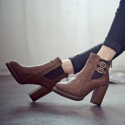 Women's Double-Buckle High Block Heel Ankle Boots