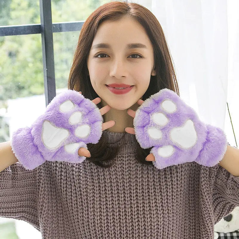Cat Claw Gloves For Women Winter Korean Style Cute Girls Fingerless Thickened Warm Bear Paw Plush Half Finger Gloves