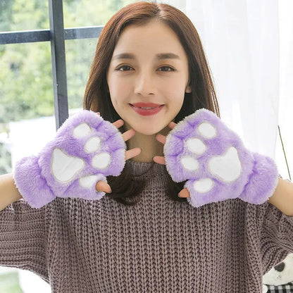 Cat Claw Gloves For Women Winter Korean Style Cute Girls Fingerless Thickened Warm Bear Paw Plush Half Finger Gloves