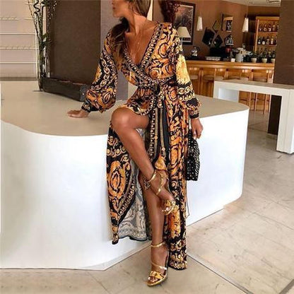 European And American Bohemian V-neck Retro Positioning Flower Long-sleeved Dress