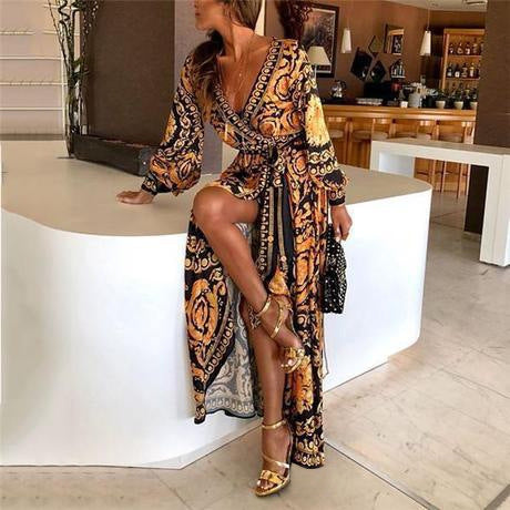 European And American Bohemian V-neck Retro Positioning Flower Long-sleeved Dress