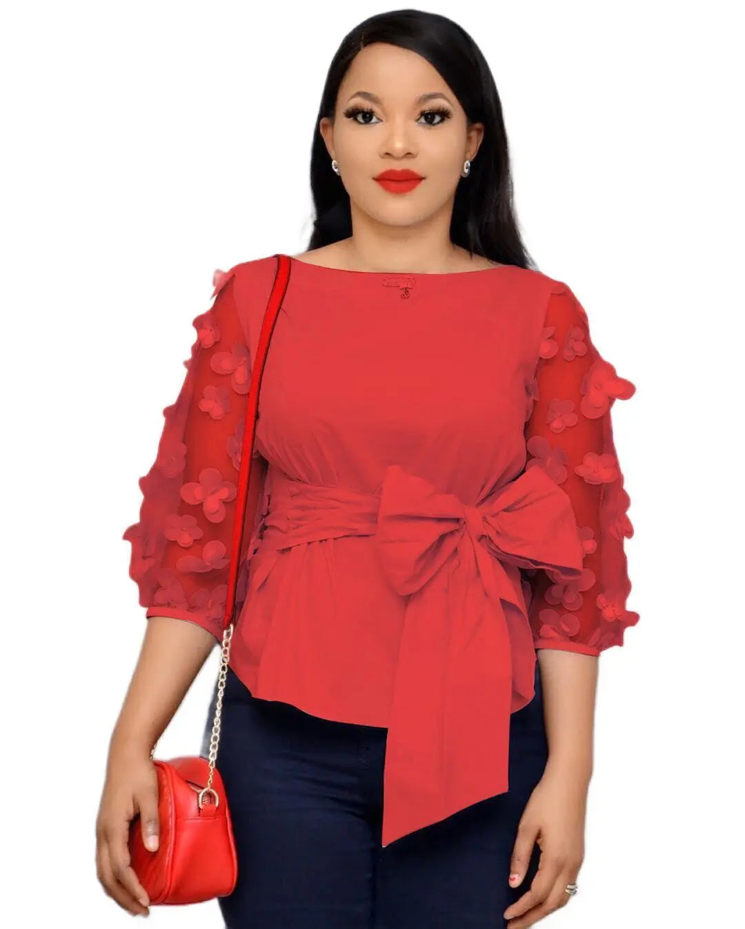 Nine-point Sleeve Mesh Stitching Fashion Women's Bow Strap Top European And American Shirts Africa