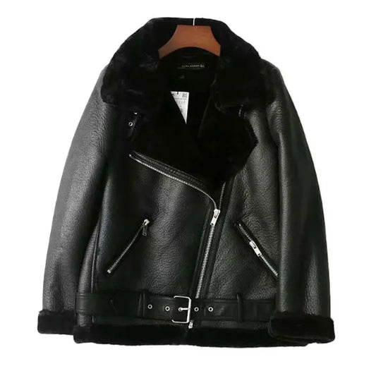 Black leather jacket with fur lining on a white background