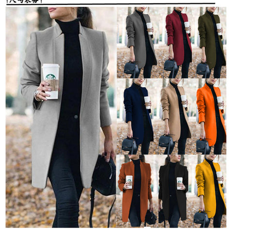 Fashion Solid Color Stand-up Collar Woolen Coat